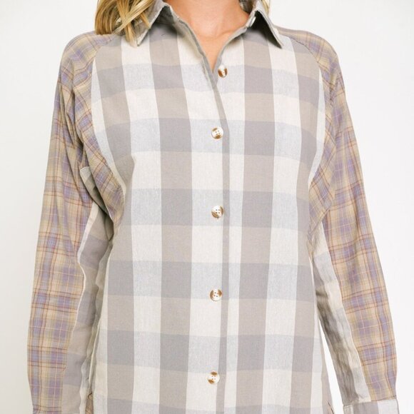 MYSTREE Plaid Button Down Shirt, Neutral Grey Beige Mix, Long Sleeve Oversized - Picture 6 of 6